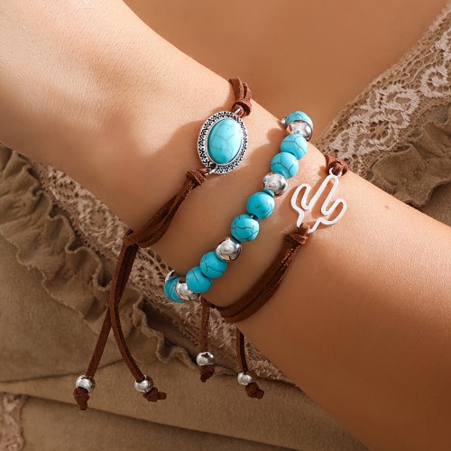 3pcs Vintage Western Style PU Leather Bracelet Set With Turquoise Beads Stackable Hand Jewelry