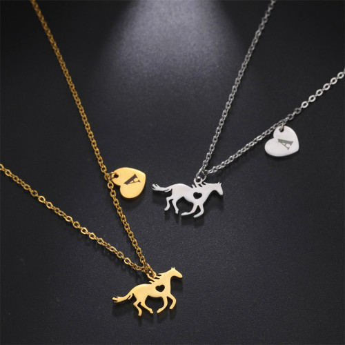 26 English Letter Heart Necklaces Cute Animal Running Horse Chain Pendant Necklace For Women Jewelry Party Gifts