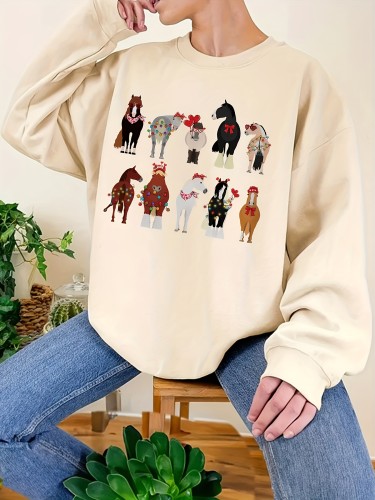 Horses Print Crew Neck Sweatshirt