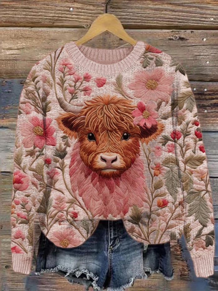 Highland Cow Pink Floral Embroidery Cozy Knit Sweater