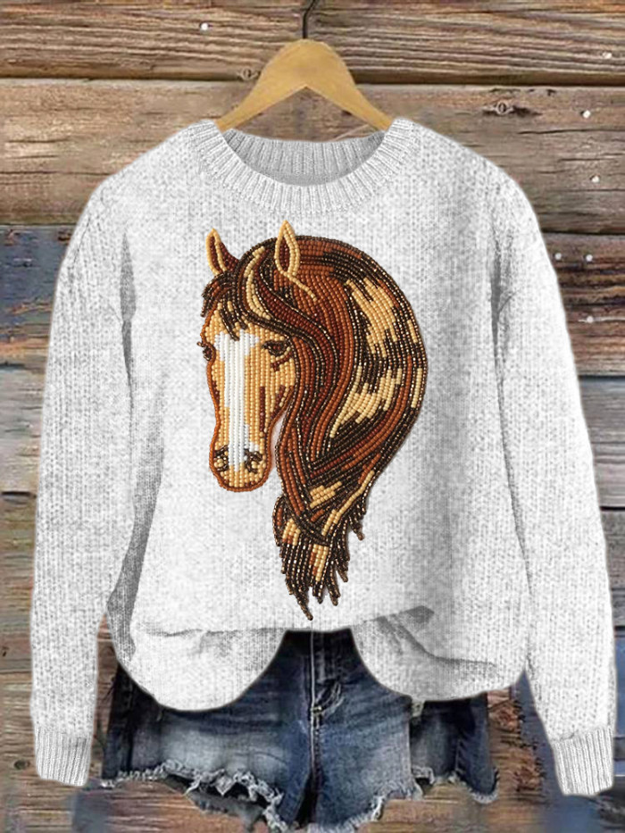 Horse Embroidery Art Casual Cozy Knitted Sweater