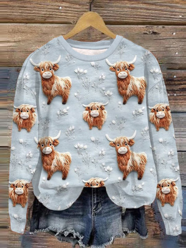 Highland Cow Print Crew Neck Casual Sweatshirt