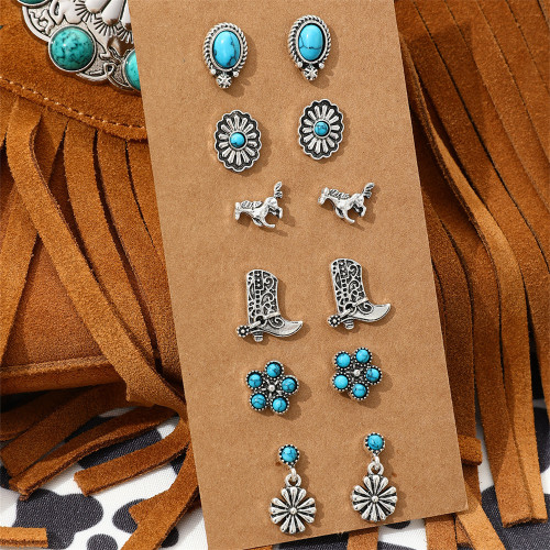 5 Pairs Western Cowboy Style Horse Star Sun Shaped Turquoise Stone Inlaid Studs Hoop Earrings Set For Women Girls Zinc Alloy Jewelry
