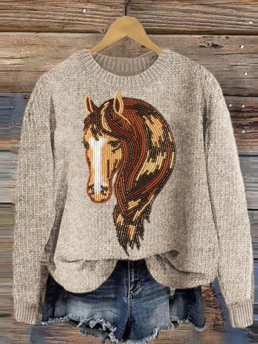 Horse Embroidery Art Casual Cozy Knitted Sweater