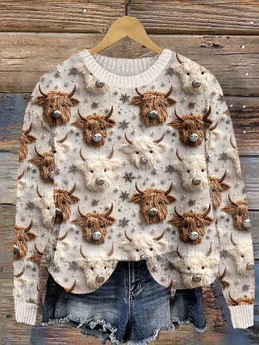 Christmas Highland Cow Casual Cozy Knit Sweater