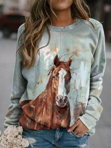 Horse Print Pullover Sweatshirt