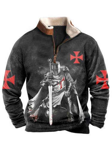 Retro Faith Knights Templar Printed Velvet Stand Collar Men's Sweatshirt