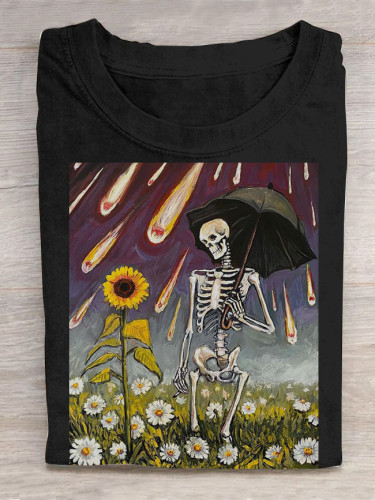 Skull Sunflower Rain Unisex Printed Short Sleeve Casual T-Shirt