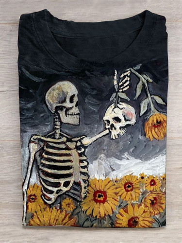 Skull Sunflower Unisex Print Short Sleeve Casual T-Shirt