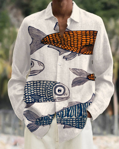Men's Japanese Art Pattern Fish Print Long Sleeve Shirt