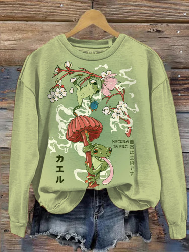 Women's Japanese Cottagecore Art Frog Floral Print Sweatshirt