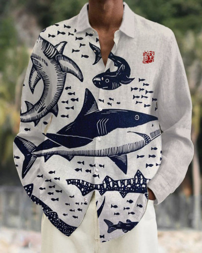 Men's Sharks Sea Japanese Lino Art Print Long Sleeve Shirt