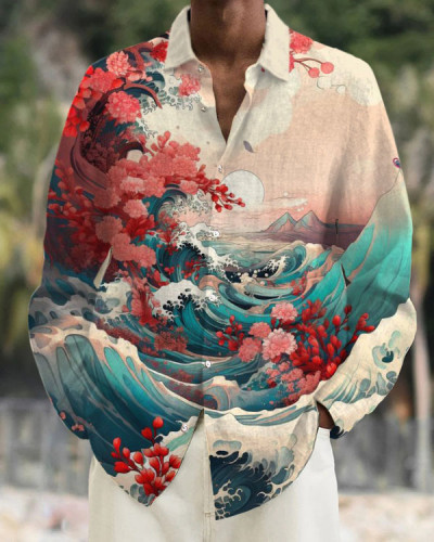 Men's Floral Sea Wave Japanese Art Print Long Sleeve Shirt