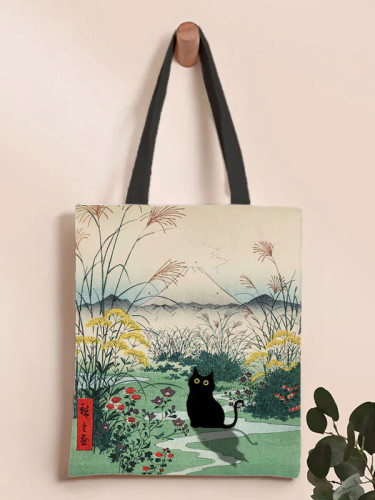 Women's Japanese Cat Field Mount Fuji Japanese Art Print Casual Shoulder Bag