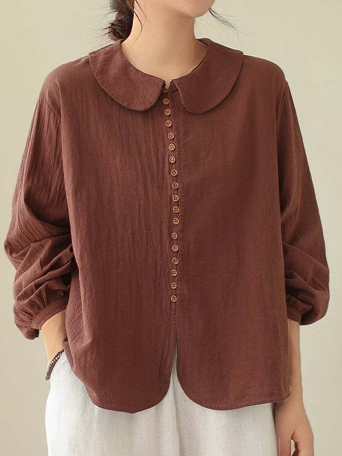 Women's Cotton Art Loose Button-Up Peter Pan Collar Long Sleeve Shirt
