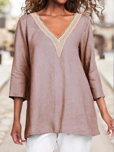 Women's Cotton Lace Hollow V-Neck Solid Color Casual Loose 3/4 Sleeve Shirt