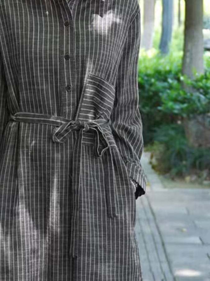 Women's Cotton Striped Belted Casual Shirt Dresses