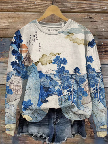Women's Japanese Landscape Art Print Round Neck Sweatshirt