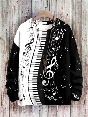 Unisex Black and White Piano Music Note Print Knitted Sweatshirt