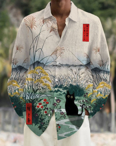 Men's Japanese Cat Print Edo Period Mount Fuji Print Long Sleeve Shirt