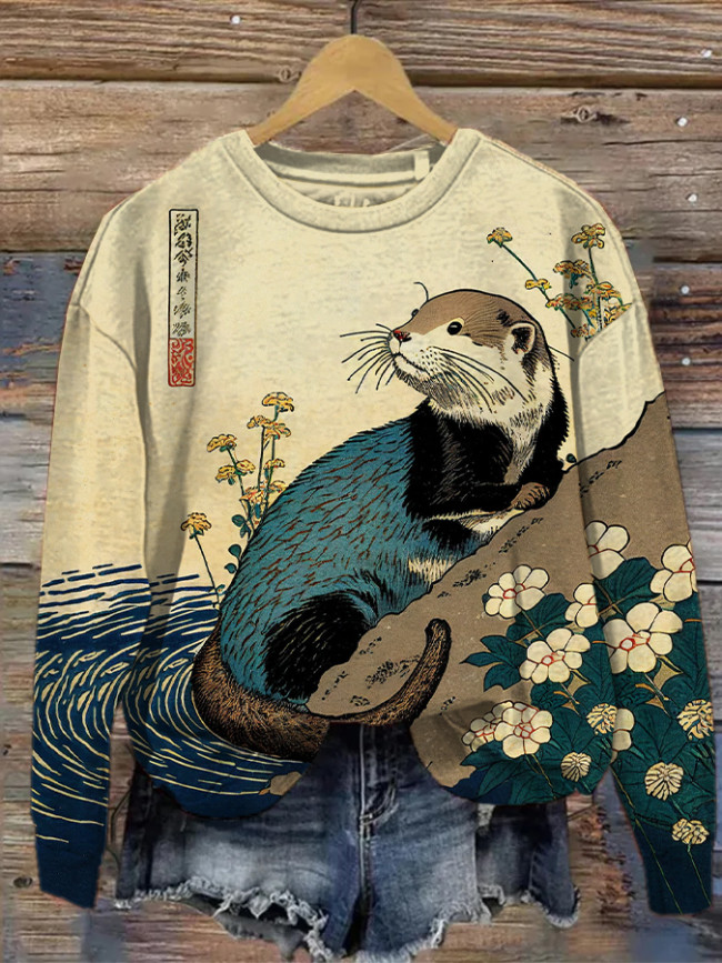 Women's Floral Otter Japanese Art Print Casual Sweatshirt
