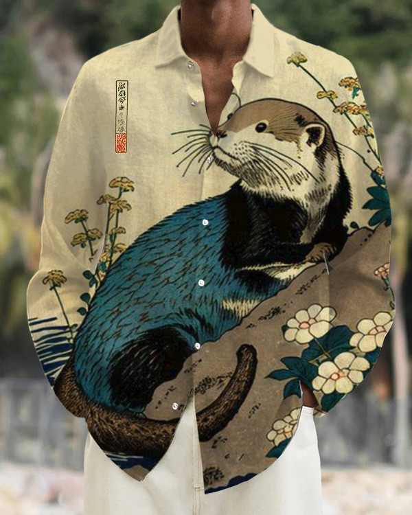 Men's Floral Otter Water Japanese Art Print Casual Long Sleeve Shirt