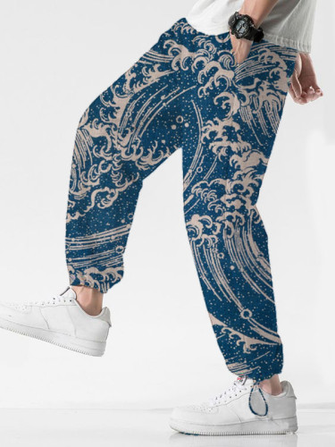 Men's Sea Wave Japanese Art Print Pocket Sport Casual Pants