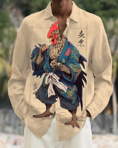 Men's Japanese Traditional Ink Rooster Samurai Art Print Casual Long Sleeve Shirt
