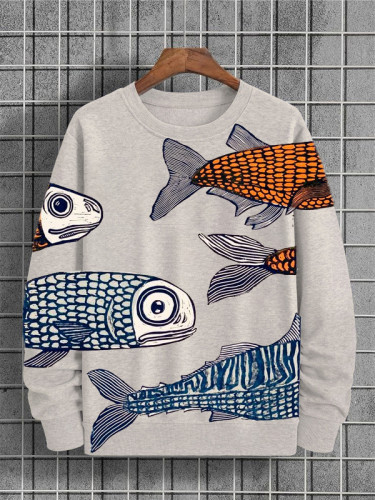 Men's Japanese Art Pattern Fish Print Casual Crew Neck Sweatshirt