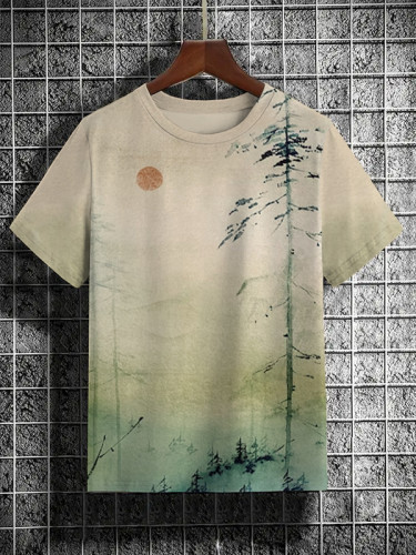 Men's Japanese Mountain Sunrise Painting Print Art T-Shirt