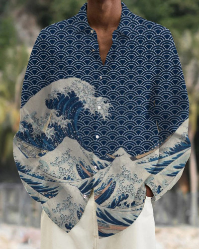 Men's Japanese Art Waves Print Casual Long Sleeve Shirt