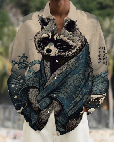 Men's Raccoon Rough Sea Waves Japanese Art Printed Long Sleeve Shirt
