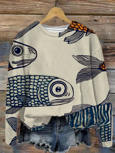 Women's Abstract UKIYO-E Painted Fish Print Sweatshirt