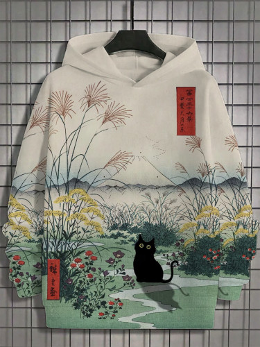 Men's Japanese Cat Print Edo Period Mount Fuji Print Hoodie