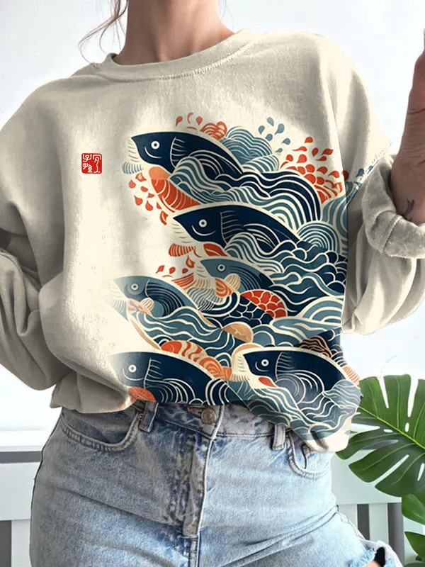Women's Japan Flying Fish Totem Art Print Casual Sweatshirt