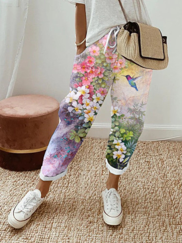 Women's Hummingbird Floral Print Casual Pants