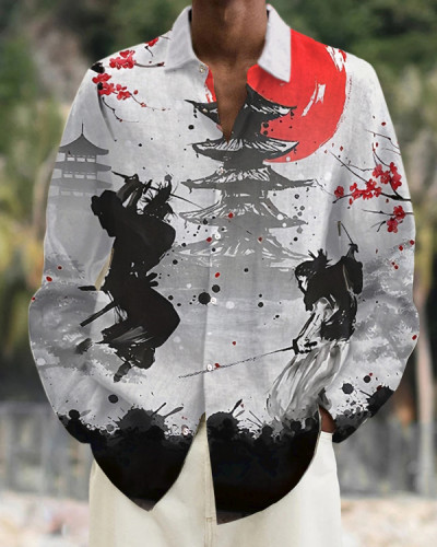 Men's Samurai Fight Pagoda Sakura Art Painting Print Long Sleeve Shirt