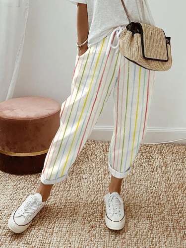 Women's Colorful Striped Design Lace-Up Elastic Waist Loose Casual Pants