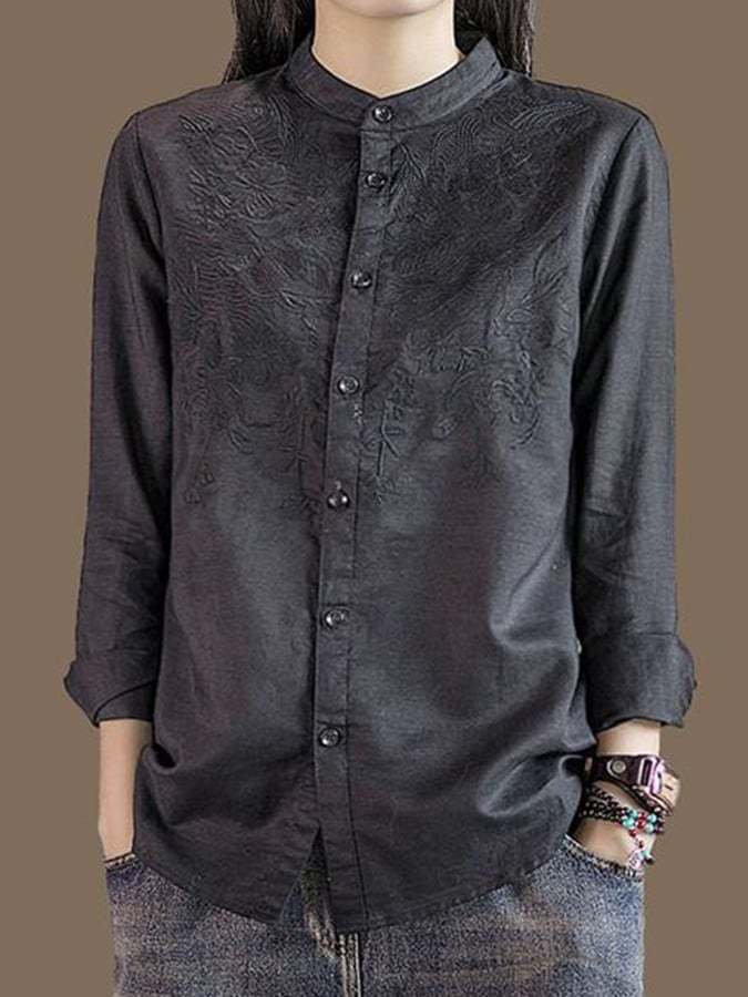 Women's Embroidered Standing Collar Literary Vintage Cotton Shirt