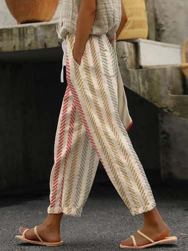 Women's Casual Faux Linen Printed Wide Leg Pants