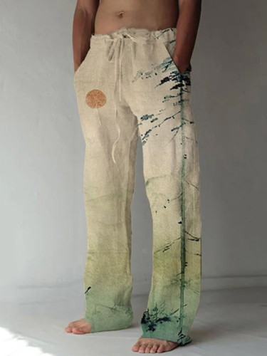 Men's Japanese Mountain Sunrise Painting Art Print Casual Pants