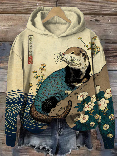Women's Floral Otter Japanese Art Print Hoodie