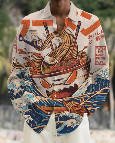 Men's Sea Wave Ramen Japanese Art Print Long Sleeve Shirt