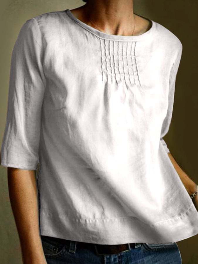 Women's Cotton Solid Color Loose Round Neck Pleated Mid Sleeve Shirt