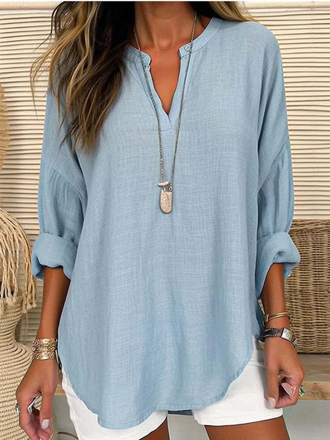 Women's Cotton Long Sleeve Round Neck Solid Color Loose Beach Shirt
