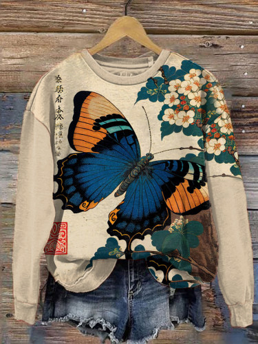Women's Butterfly White Flower Ukiyoe Japanese Art Print Casual Sweatshirt