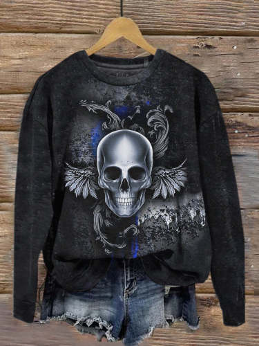 Retro Punk Dark Skull Art Print Fashionable Round Neck Pullover Long-Sleeved Top