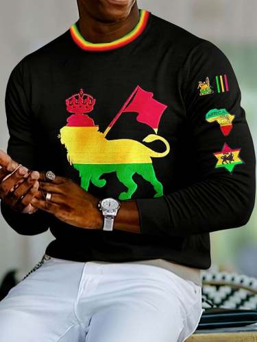 Men's Black Power Rasta Lion Print Long Sleeve Top