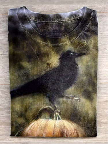 Unisex Halloween Dark Style Crow Graphic Print Short-Sleeved T-Shirt