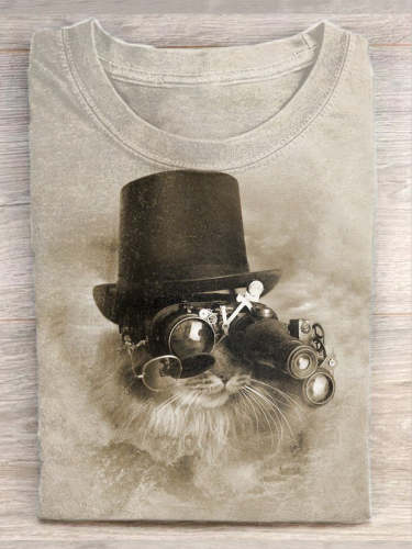 Unisex Steampunk Cat Print Casual Short Sleeve T-Shirt